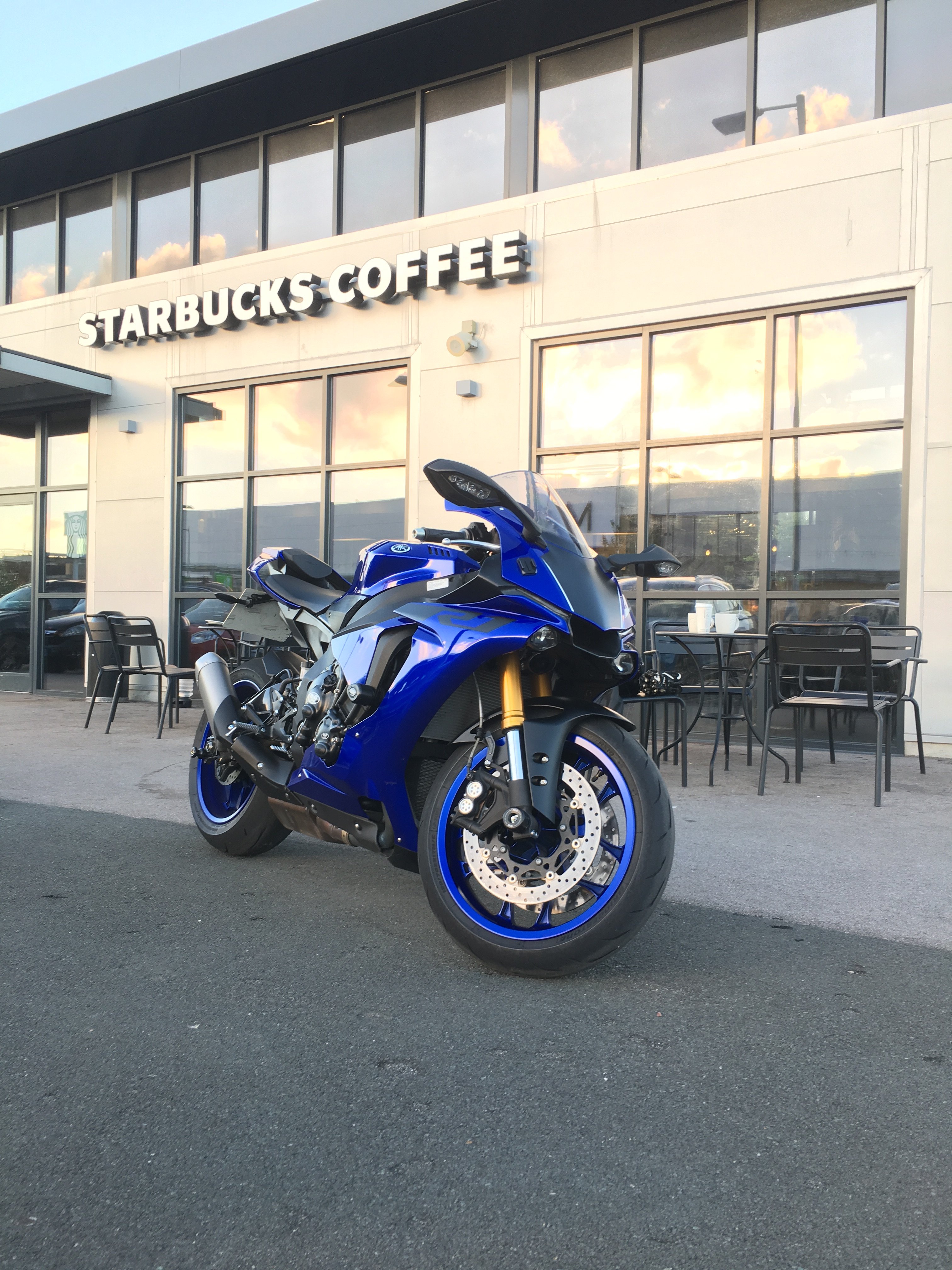 Blue motorcycle at Starbucks